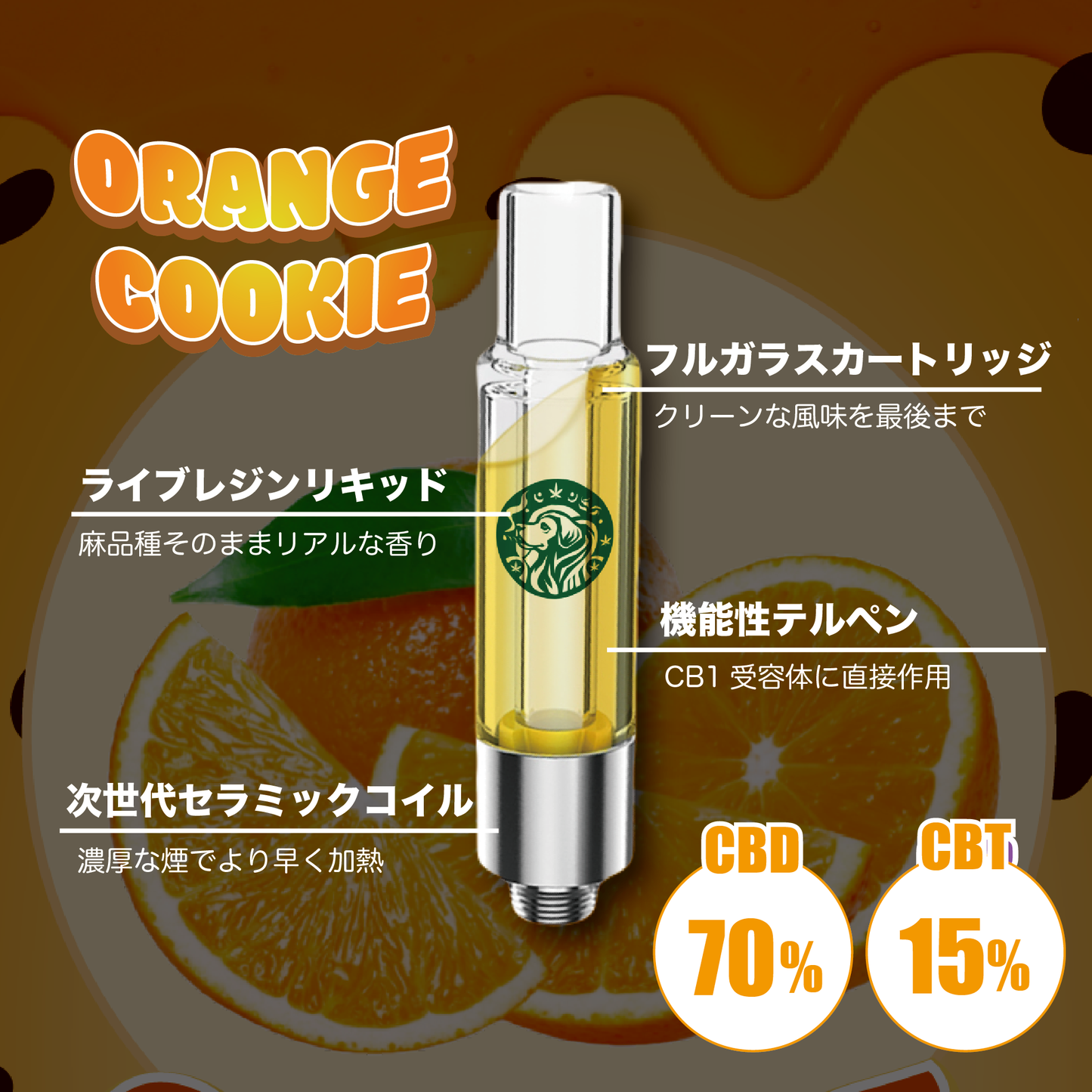 CBDリキッド 新基準対応 ブロードスペクトラム CRD 高濃度 機能性テルペン CB1 オレンジクッキー vape 電子タバコ 510規格 フルガラスアトマイザー ライブレジン テルペン 合法 大麻 麻 マリファナ 420 カンナビス カンナビノイド Weedyyz ウィーディーズ ベイプ リラックス オレンジ由来 CBN CBG H4CBD カンナビジオール