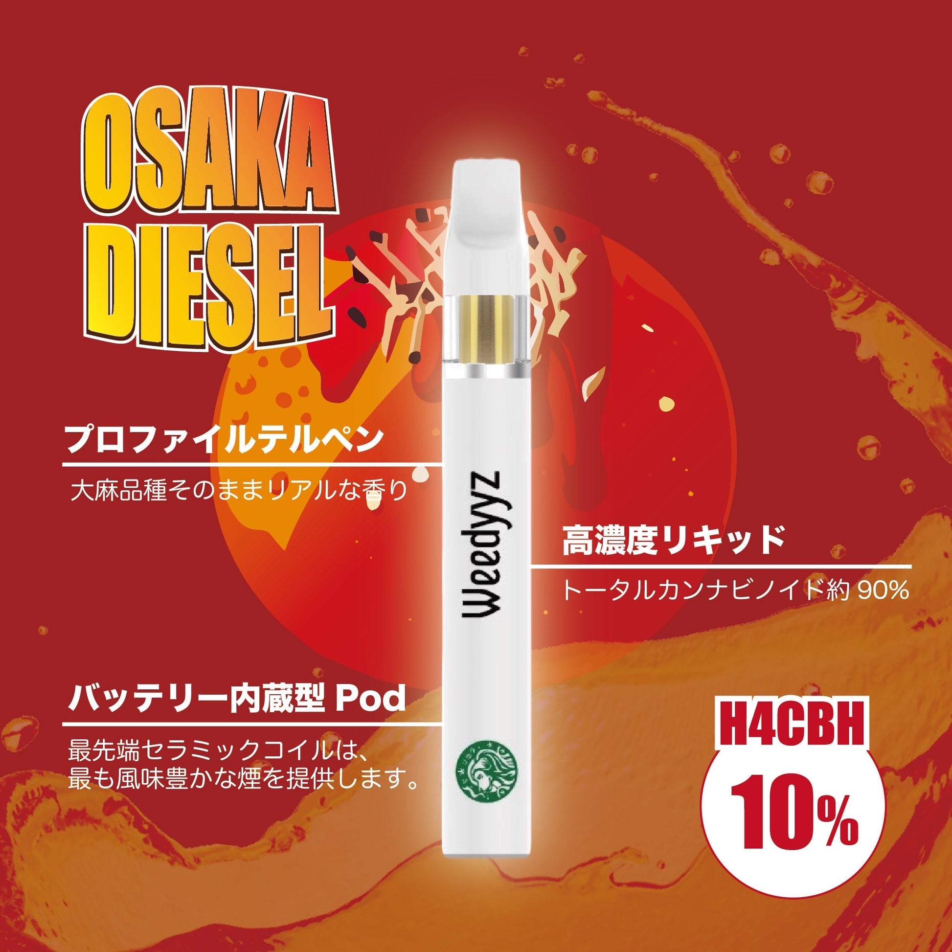 H4CBHリキッド　使い捨てpod バッテリー内蔵型　Osaka Diesel CBD 大麻　大阪ディーゼル　高濃度　vape Weedyyz 体感　ハイブリッド　サティバ　合法　ヘンプ　マリファナ　420 カンナビノイド　カンナビス　麻　ウィーディーズ　THC  CRDP CXP
